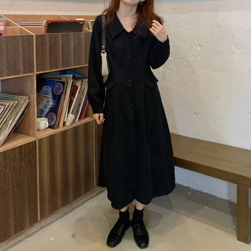 

Korean Chic French Style Vintage Style Single-Breasted Elegant Lapel and Waist Tight Slimming Mid-Length Corduroy Dress for