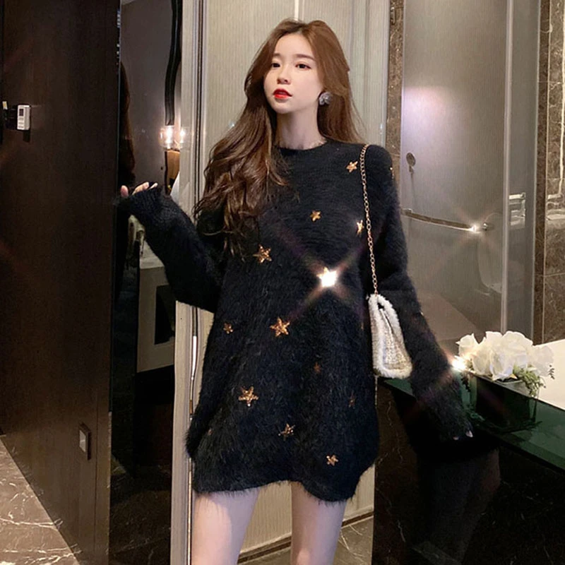 Женский джемпер с блестками блестящая Звезда имитирующая норка свитер вязаный