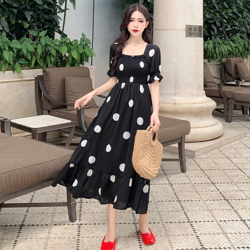 

ETOSELL Bohemian Mid-Calf Dress Female Polka Dot Print Short Sleeve Dresses Summer Women Square Collar Beach Dresses