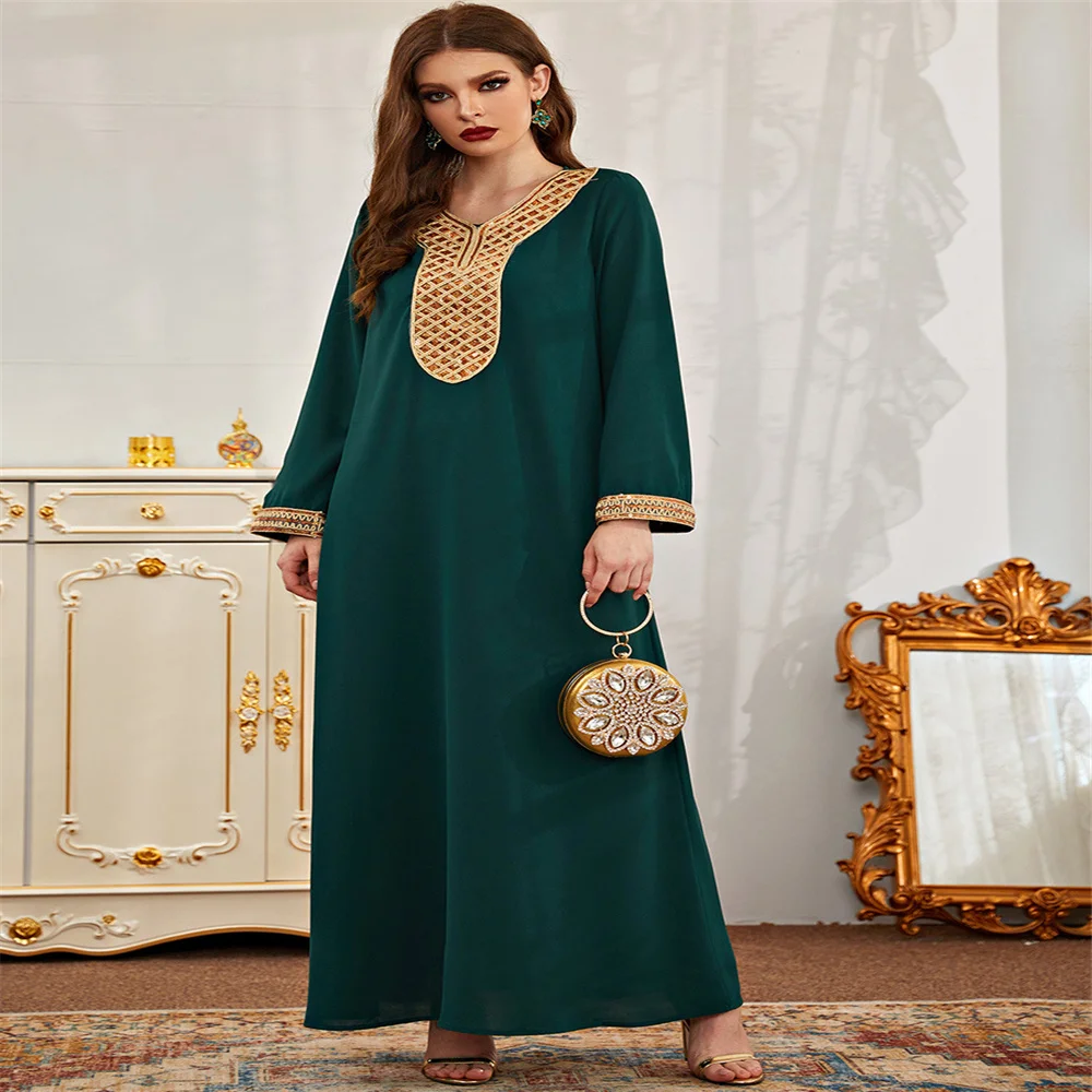 

Long Sleeve Muslim Fashion Plus Size Dresses for Women Solid Sequins Splicing Ankle Length Casual Elegant Wholesale Dropshipping