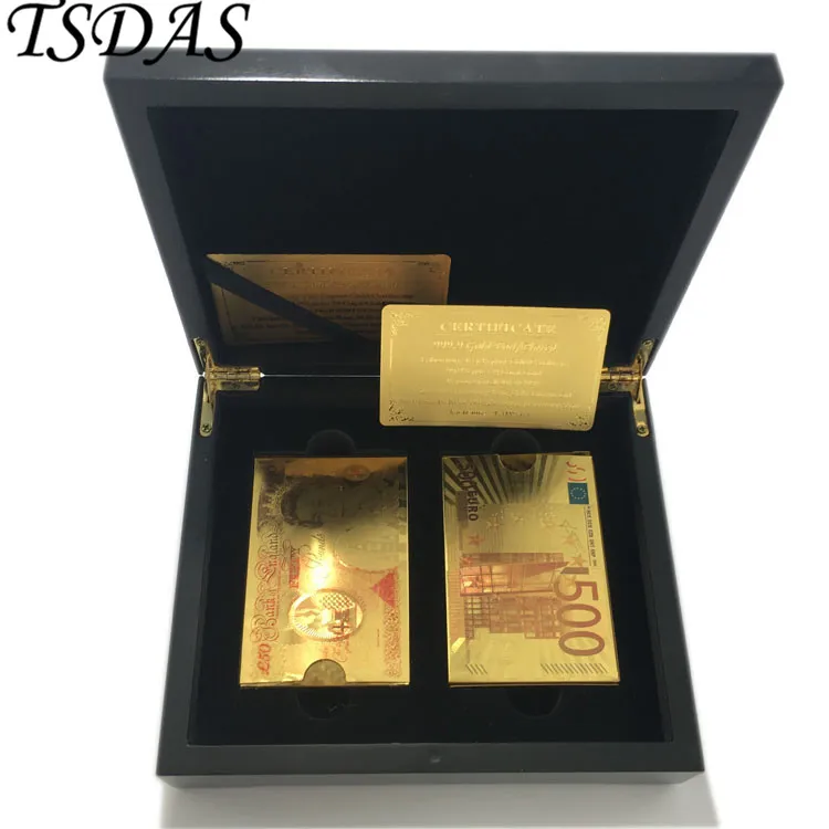 24k Gold Playing Cards Game Poker Card UK 50 Pounds &amp 500 Euro with Collection Wooden Box Drop Shipping | Дом и сад
