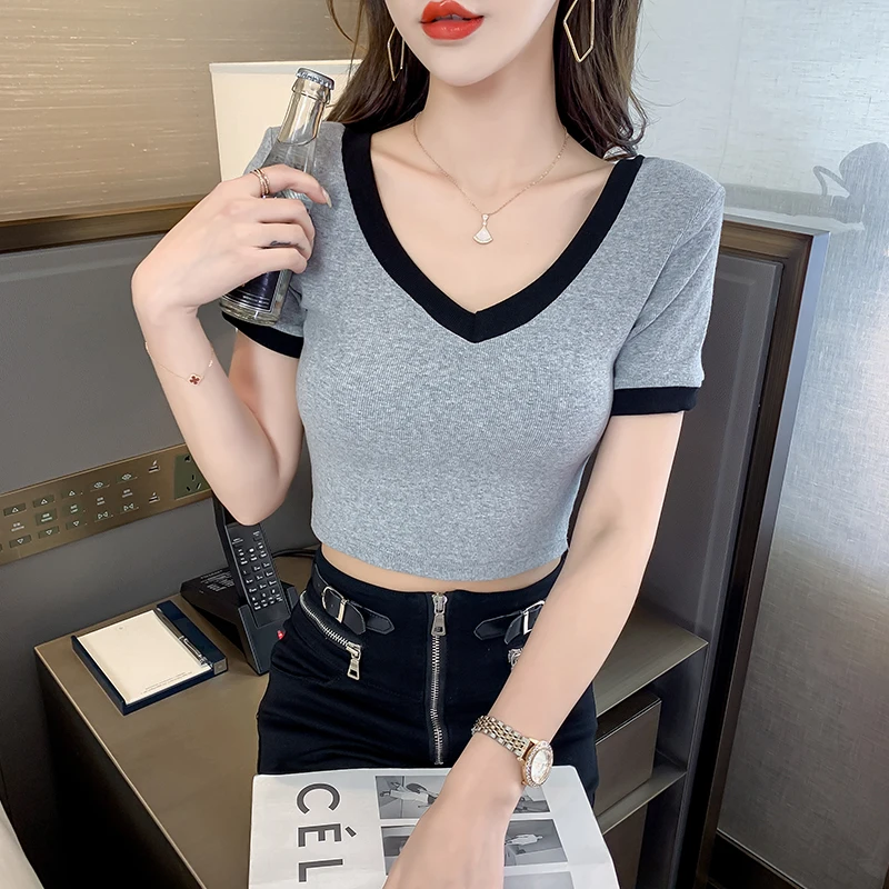 Новинка лета 2021 цветная контрастная Футболка с V-образным вырезом Женский