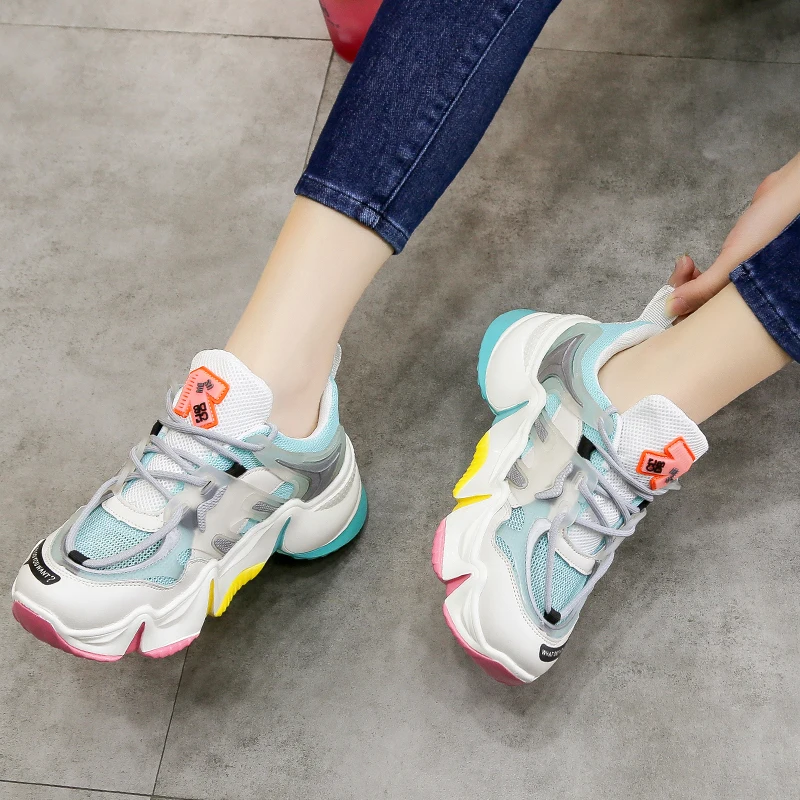 

Rainbow Sole Brand Gym Outdoor Running Shoes Feminine Girls Student Increased Heel Shoe Ladies Platform Hogging Sports Sneakers
