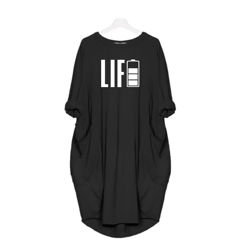 

New Summer LIFE Letter High Quality Dress Fashion Streetwear Print Long Sleeve Skirt Harajuku Crew Neck Pocket Women Dresses
