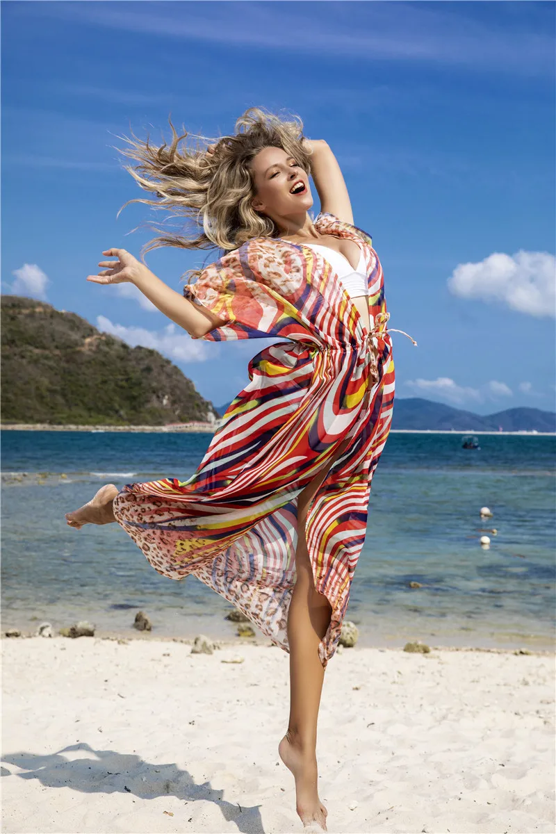

Mesh Cover up saida de praia printed swimsuit cover-ups Kimono summer fashion beach wear women Long beach dress 2021 tunics new