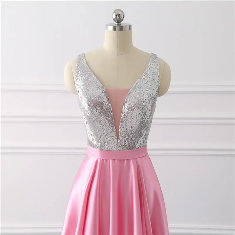 Женское вечернее платье с блестками ТРАПЕЦИЕВИДНОЕ серое V образным вырезом