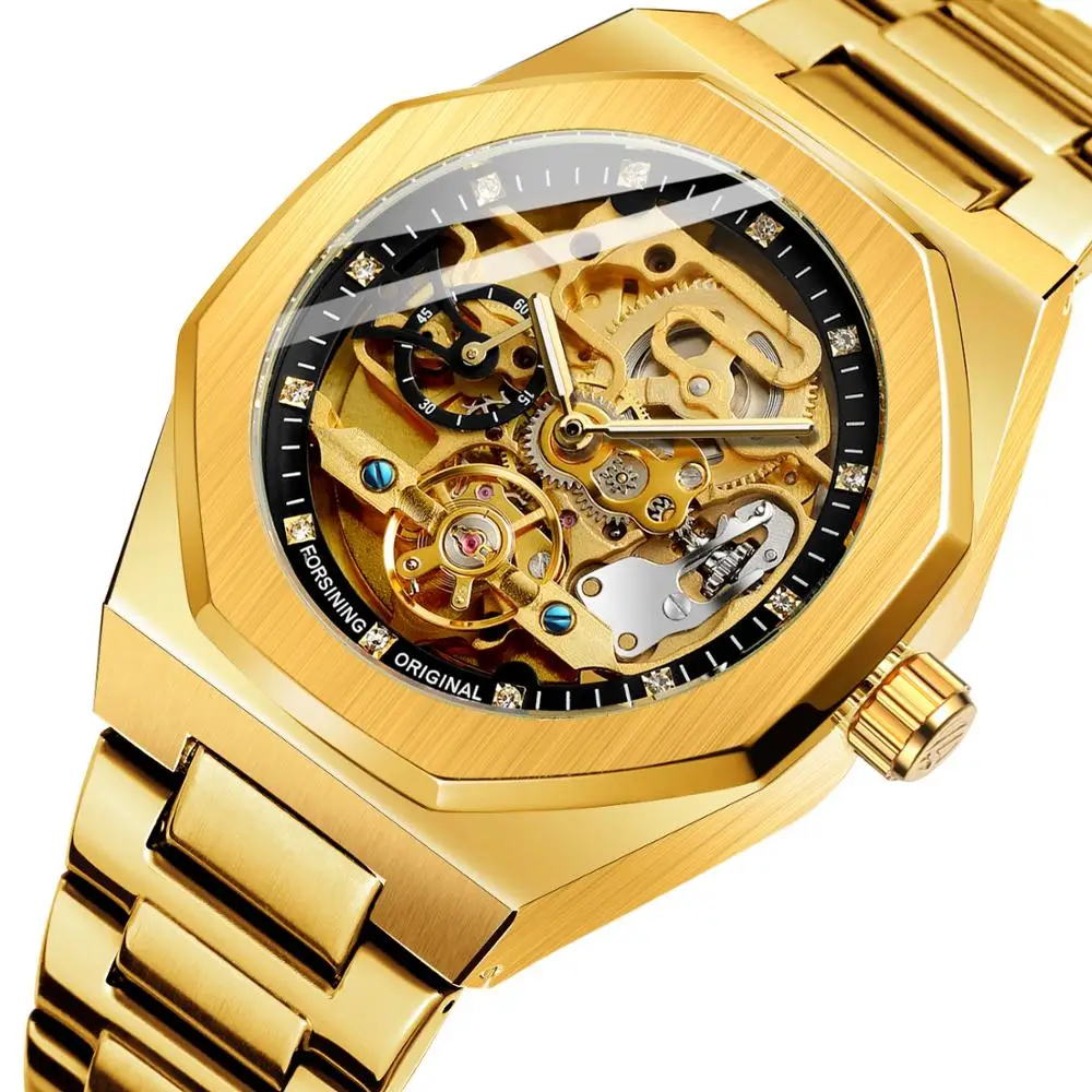 

New Forsining Top Brand Luxury Gold Military Tourbillon Automatic Watch Business Fashion Stainless Steel Strap Wristwatch Clock