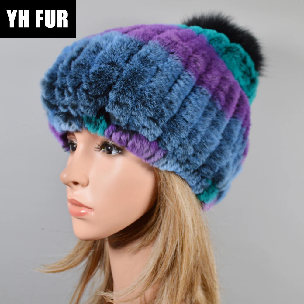 2020 женские трикотажные натуральным лисьим меховым помпоном головные уборы