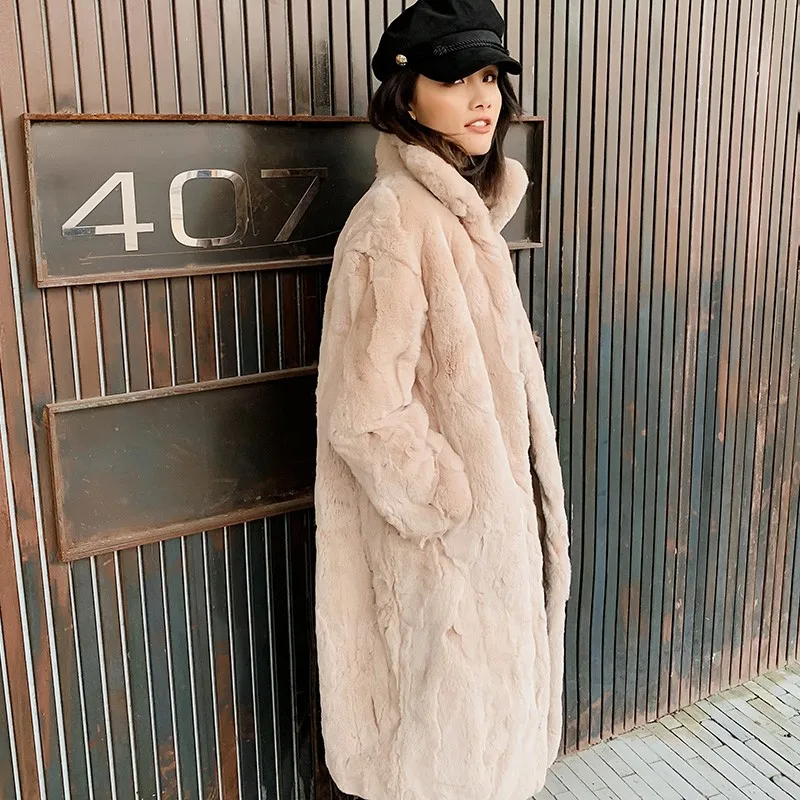 

New Winter Women Real Rex Rabbit Fur Coat Female Long Shearling Jacket Colors Warm Loose Fit Hairy Soft Real Fur Overcoat