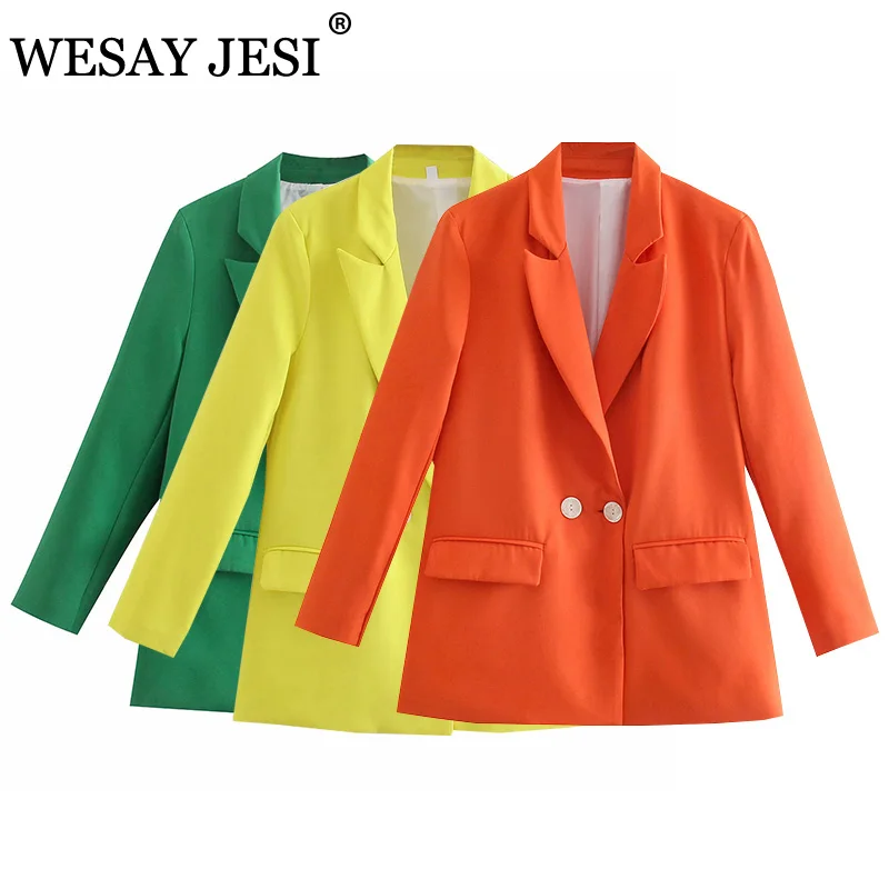 

WESAY JESI ZA Women's Suit Blazer Coat Office Ladies 2021 Casual Female Outerwear Woman Chic Double Breasted Long Sleeve Blazer