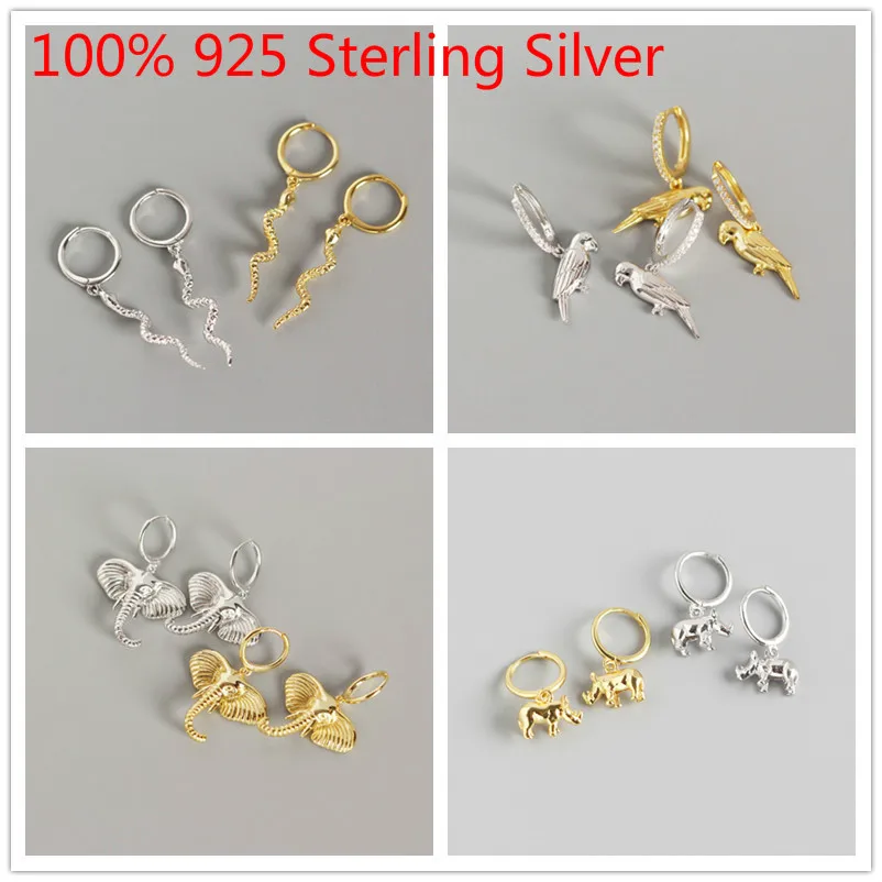INS 925 Sterling Silver Earring Elephant Rhinoceros Small Hoop Earrings for Women Simple Gold Parrot Round 2020 | Украшения и