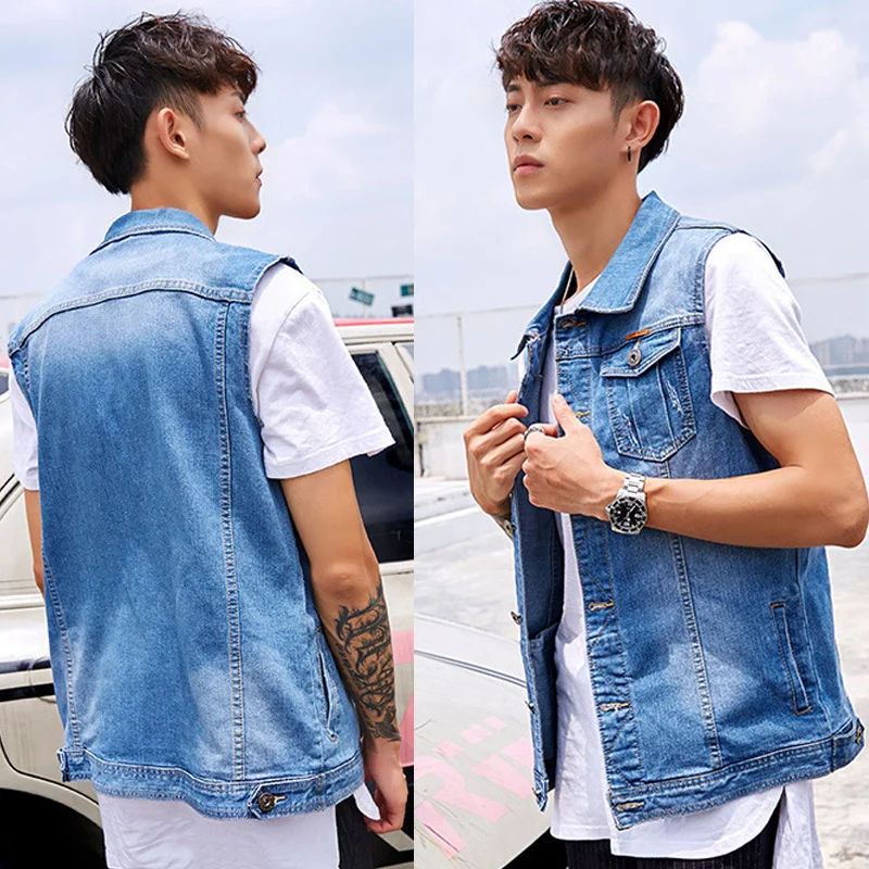 Мужская джинсовая безрукавка в ковбойском стиле черная повседневная Короткая