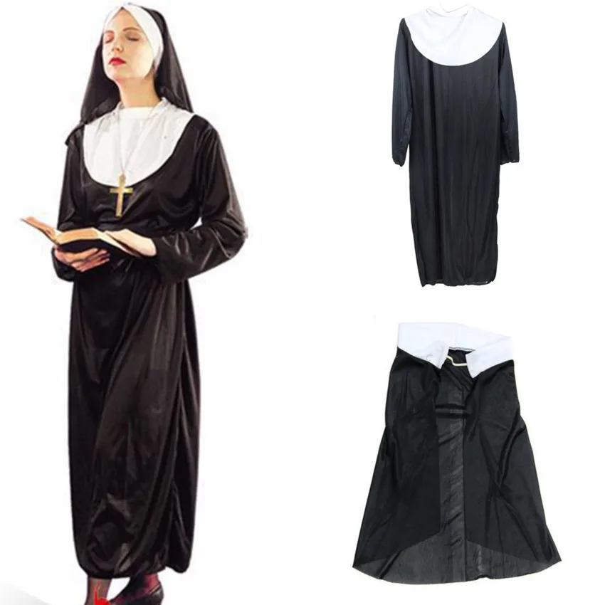 

Halloween Carnival Party Women Nun Cosplay Costume Medieval Renaissance Masquerade Scary Horror Missionary Dresses With Headwear