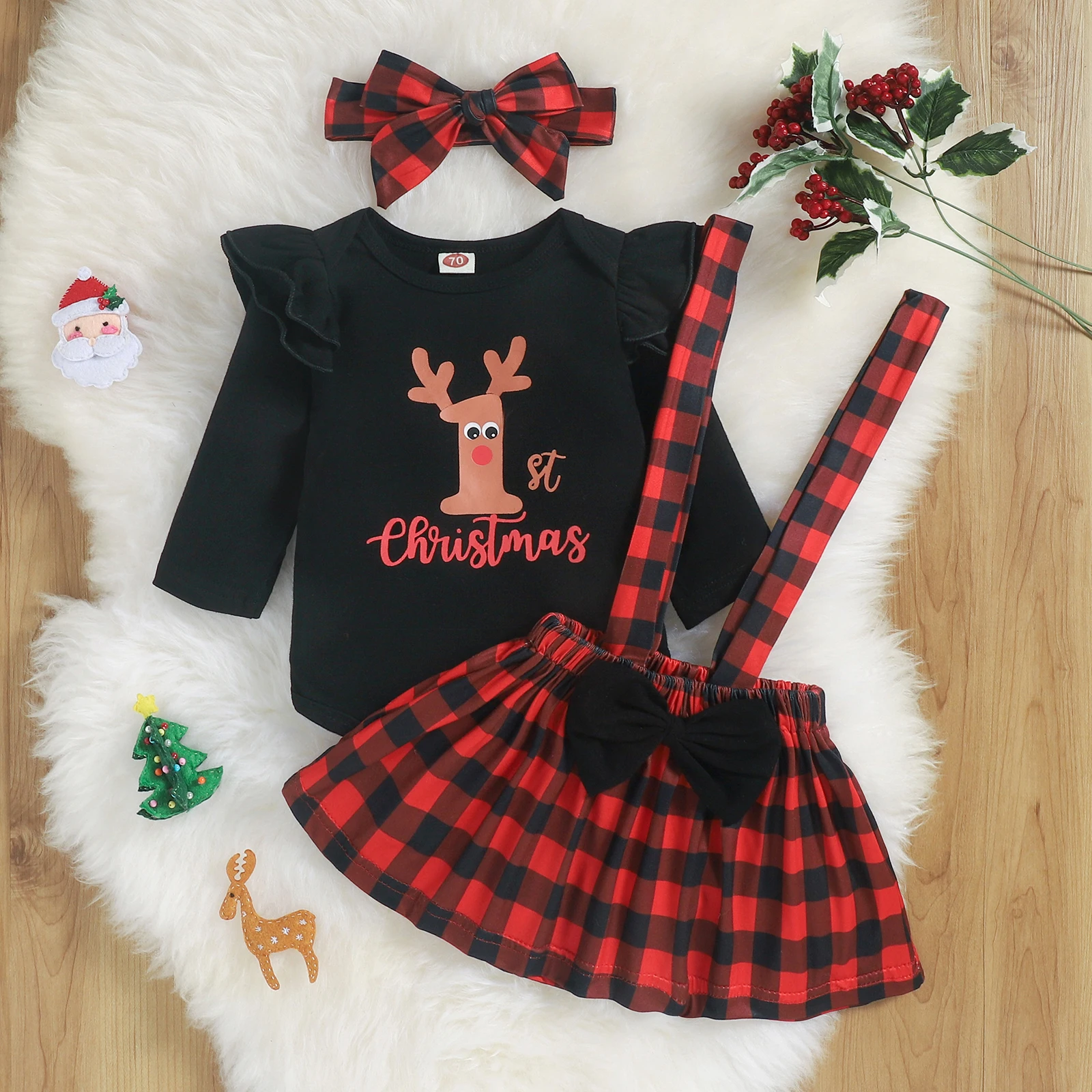 

0-18 Months Baby Christmas Girl\u2019s Three Piece Suit Christmas Elk Long Sleeve Romper and Plaid Suspender Skirt & Headband