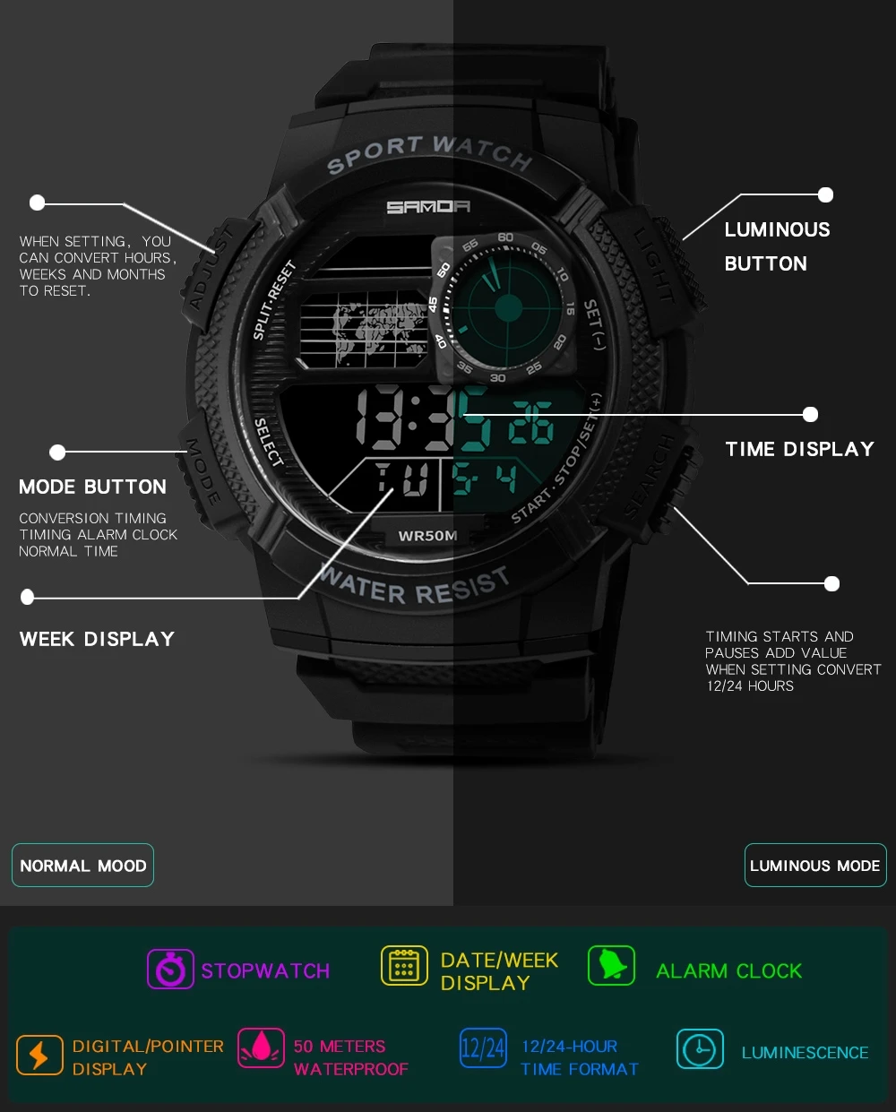 

Sanda 385 Men's Watches Smart Digital Clock Waterproof 50m Electronic Watch Diving Swimming Sport Wristwatches relogio masculino