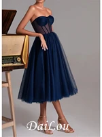 a line sexy cocktail party prom dress sweetheart neckline sleeveless tea length tulle with pleats 2022