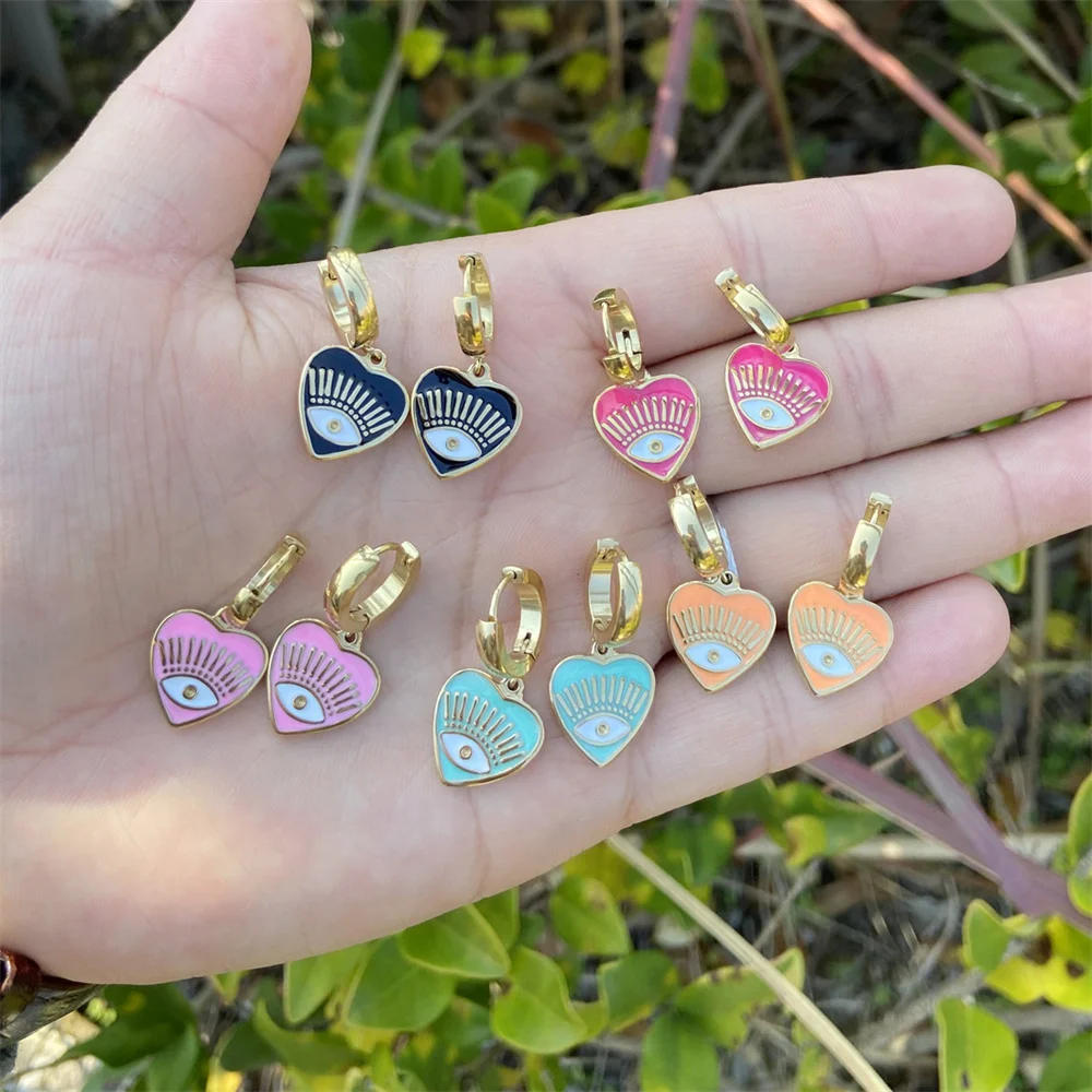 

10 PCS Evil Eyes Drop Earring For Women Girl Gold Plated Oil Drip Stainless Steel Heart Earrings Valentines Gift Wholesale