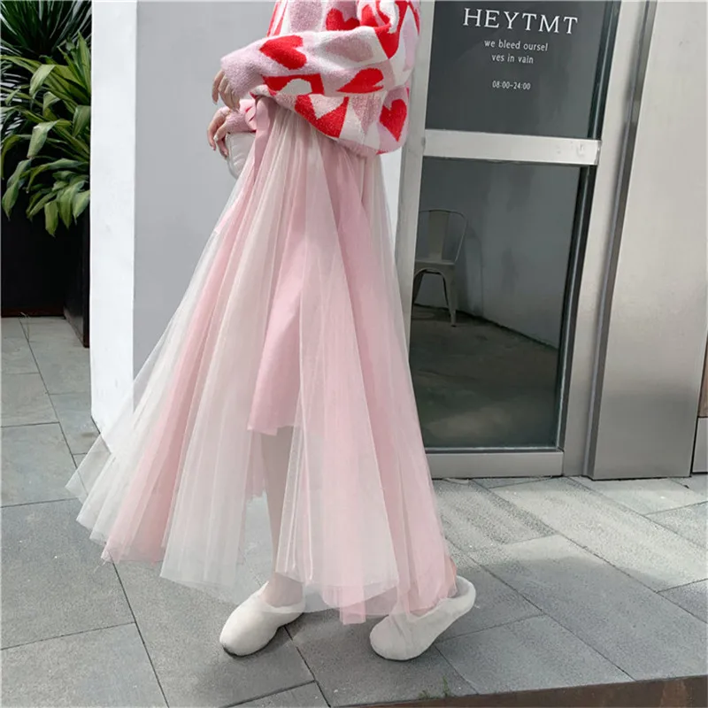 tulle skirts 2019 fashion plus size Elastic High Waist Pleated black pink blue midi skirt | Женская одежда
