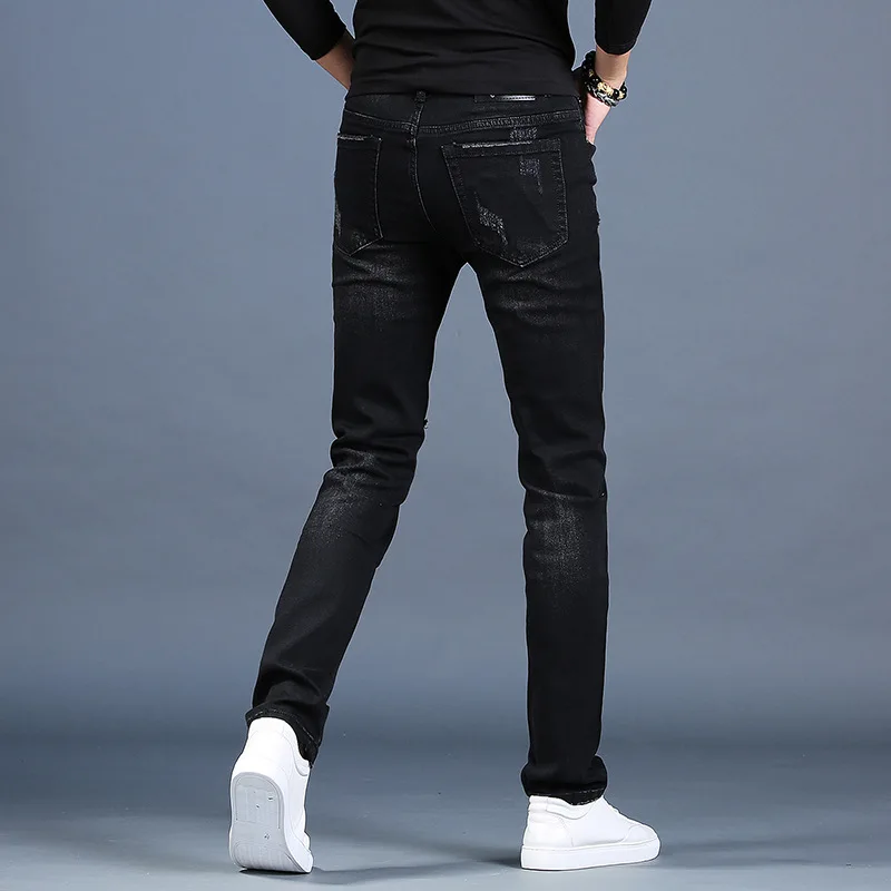 

Men's hole embroidery black jeans men's trendy brand self-cultivation feet pants trendy casual pants summer thin pencil jeans