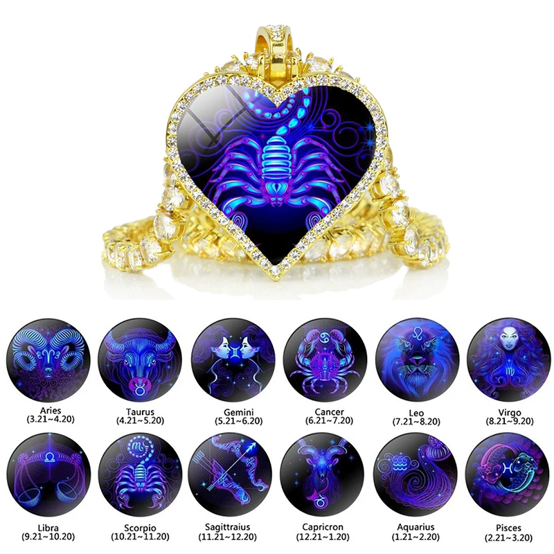 

2020 Fashion 12 Constellation Necklace Gold Plated Rhinestone Chain Necklace Love Heart Pendant Zodiac Jewelry