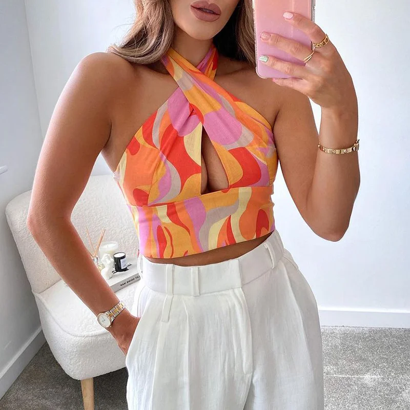 

Print Crossover Vest Hollow Out Sexy Bodycon Casual Fashion Vests 2021 Summer Sleeveless Halter Off Shoulder Party Women Vest