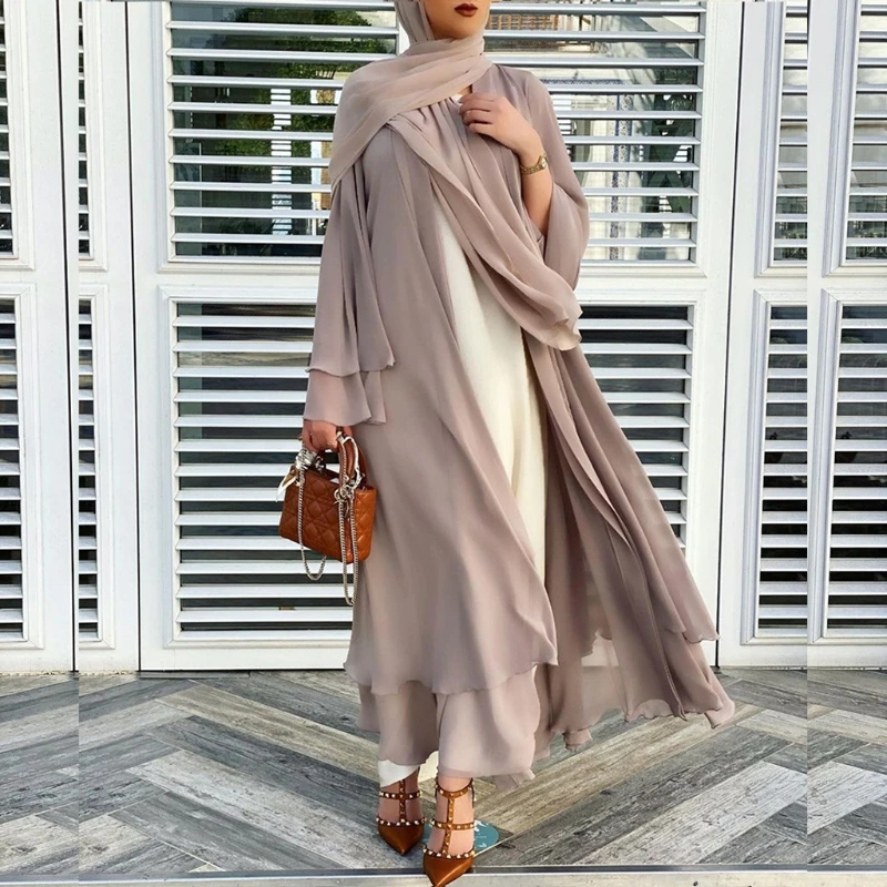 

2021 Muslim Women Fashion Long Sleeve Flowy Maxi Cardigan Islamic Open Front Kimono Belt Abaya Robe