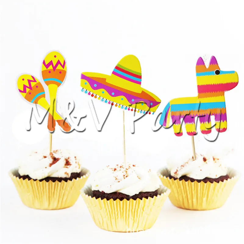 Украшения для вечеринки в мексиканском стиле: вытягиваемые цветы, соломенная шляпа, перец-кактус, вставки для торта, флаги с надписью "May".