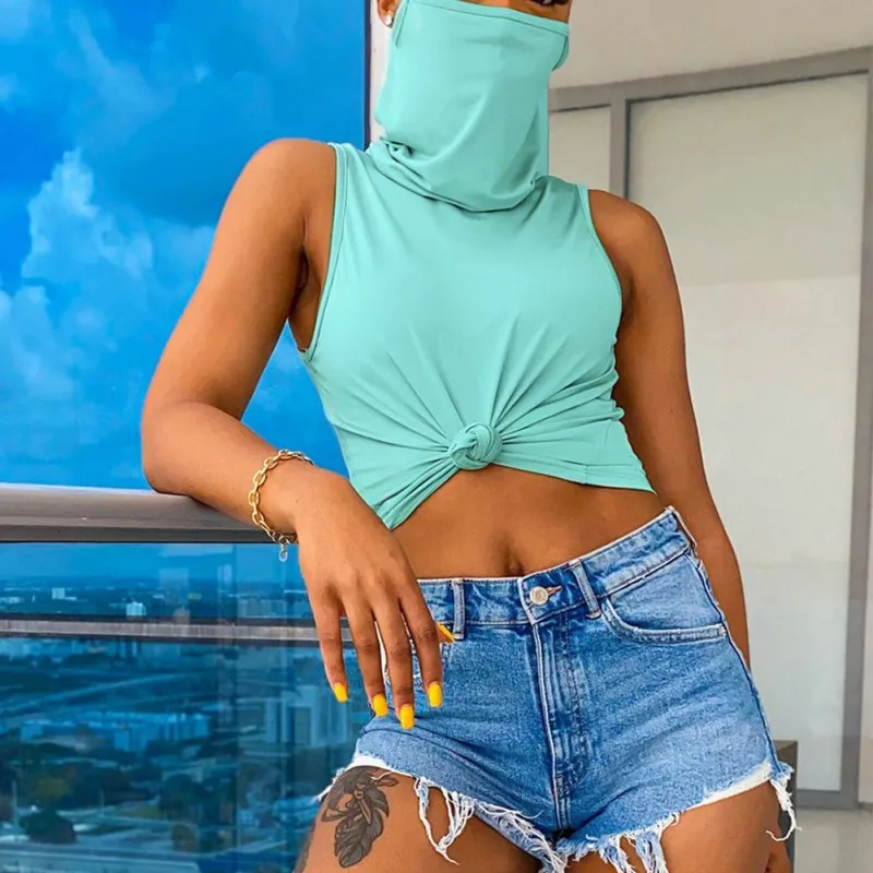 

Summer Short Female T-shirts Women High Neck T-shirt Sleeveless Tops