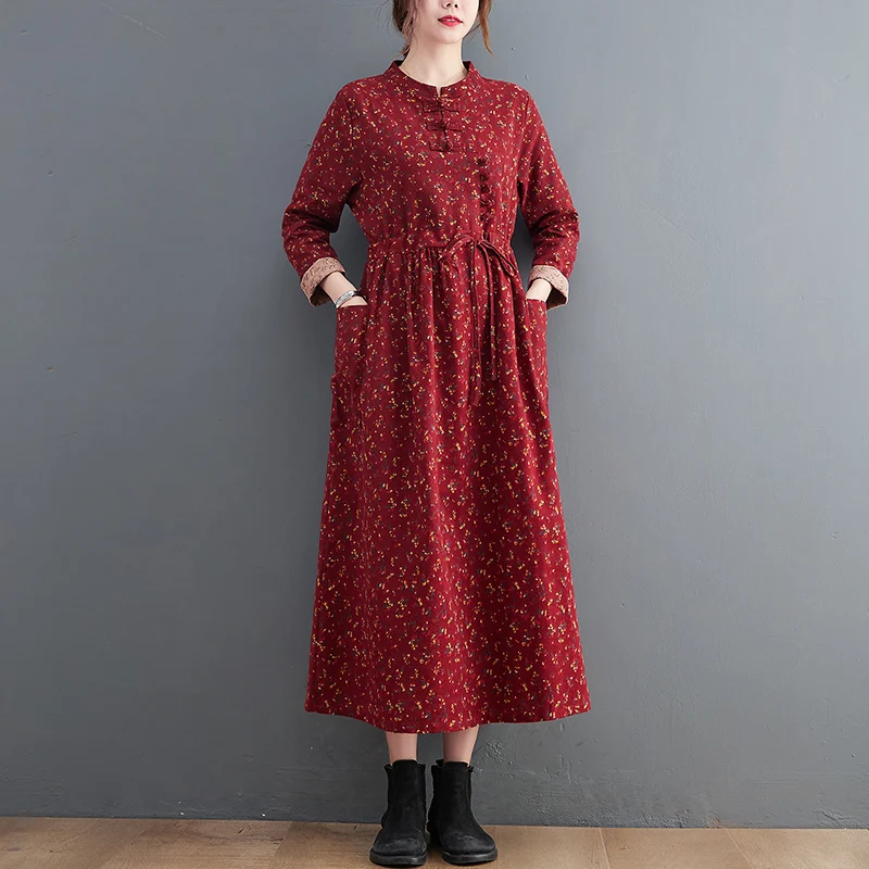 

Chikichi Retro Stand-up Collar Buckle Plus Size Loose Elastic Waist Cotton and Linen Printed Dress Elegant Big Pocket Long Dress