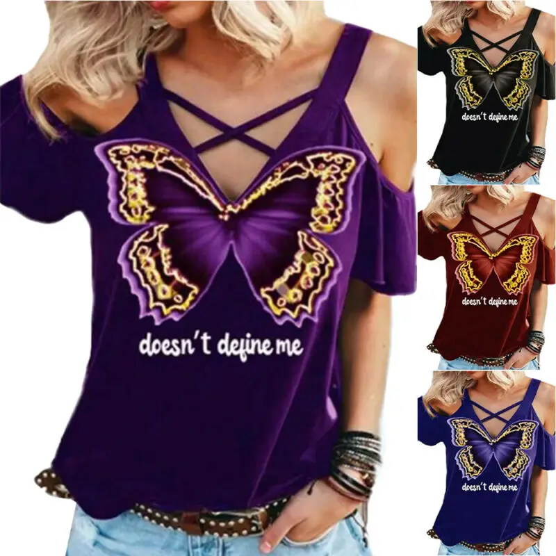 

Women Short Sleeve T-Shirt Casual Tee V-Neck Cold Shoulder Tunic Tops Blouse