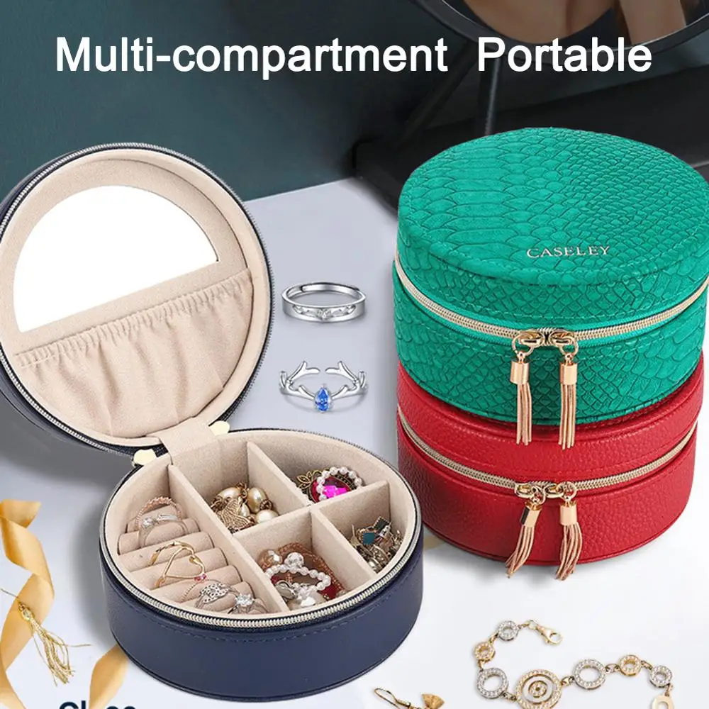 

2020 HOT Portable Round Jewelry Box Travel Zipper PU Leather Jewellery Packaging Display Organizer Gift Box Earring Storage Case