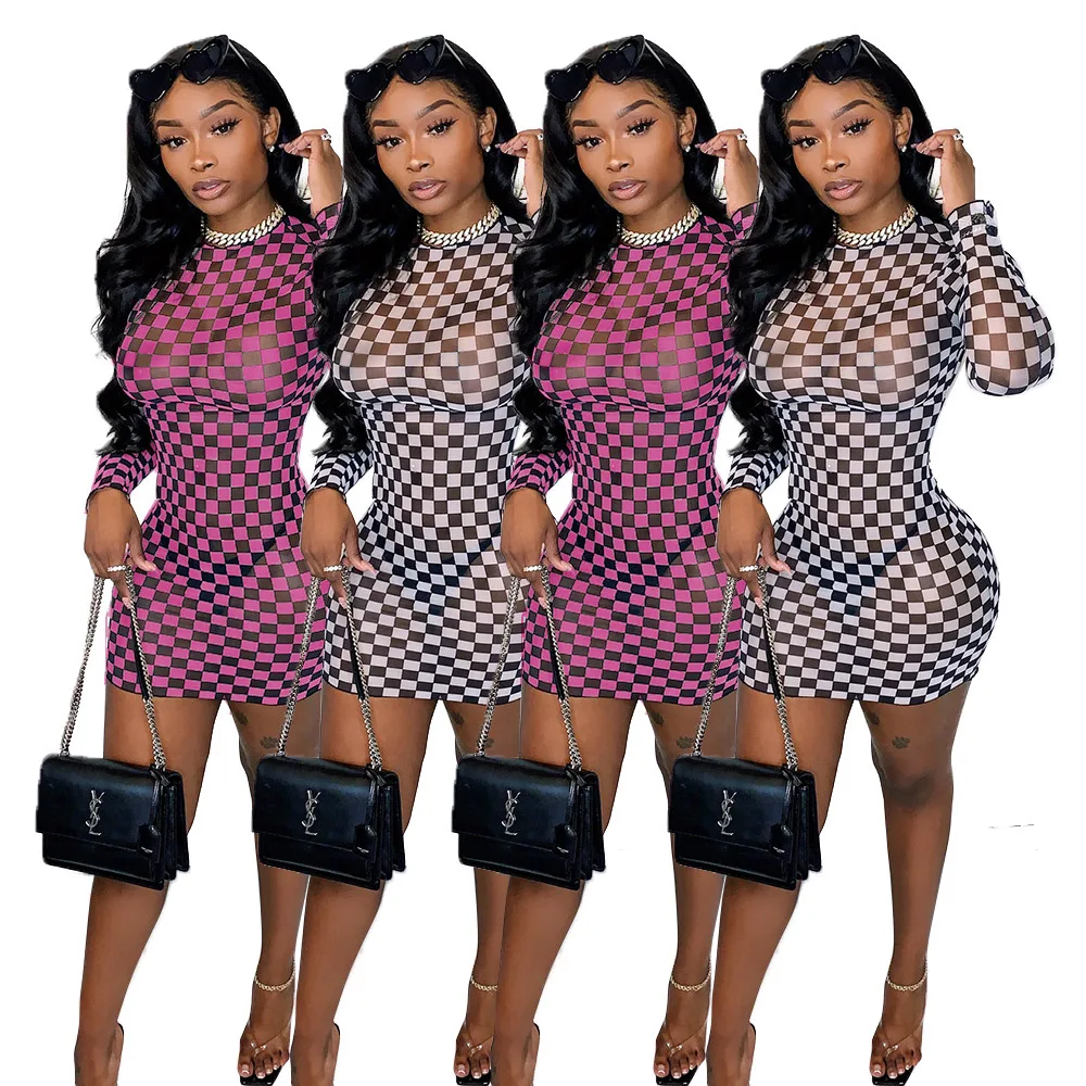 

2020 Woman Dress Fashion Perspective Grid Sexy Newest Long Sleeve O-Neck