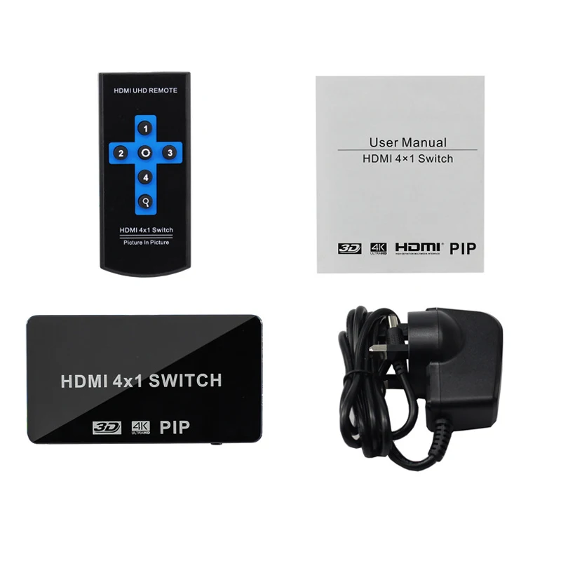 4K HDMI переключатель 4x1 PIP видео коммутатор x 2K @ 30Hz с ИК-пультом и адаптером питания 4