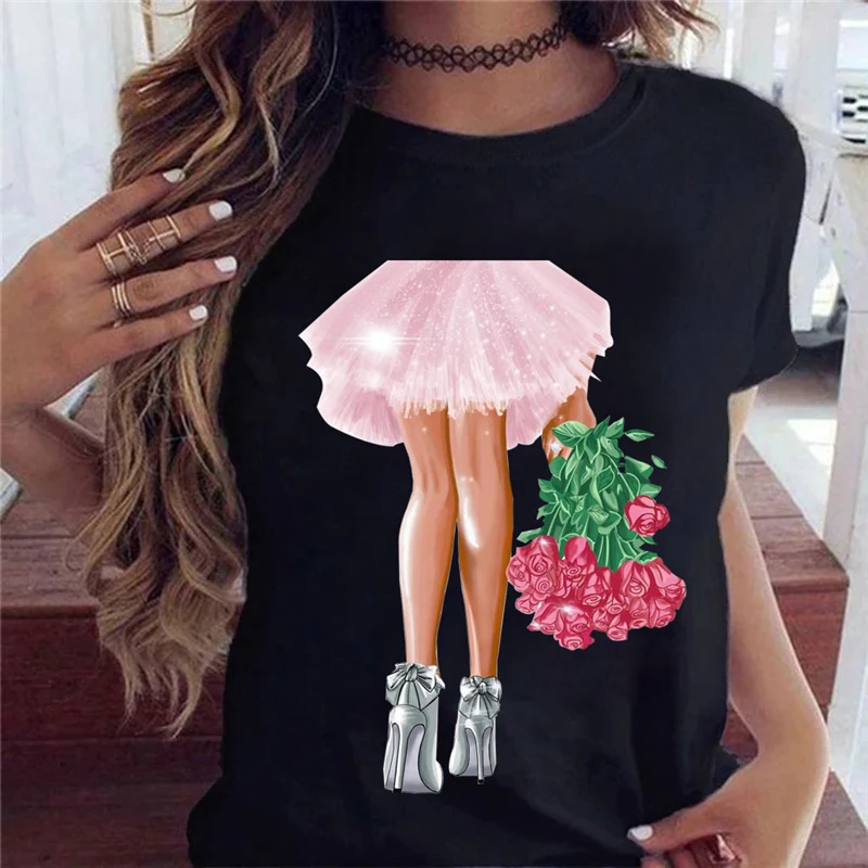 

FIXSYS Girl Flower Women's T-shirt New Girl Sunflower Women's Casual Top T-shirt Black Round Neck Women's Tops Tee