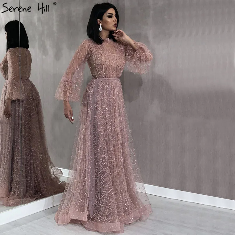 blush pink Черное Персиковое жемчужное пляжное Тюлевое платье для выпускного вечера с длинным рукавом, сексуальное платье для выпускного вечера, дизайнерское платье беззаботного холма размера плюс, BLA60835 - Цвет: blush pink