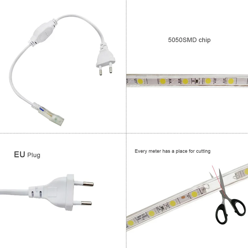 Цветная (RGB) 220V SMD 5050 Светодиодная лента Гибкая светильник 1 м 3 5 10 15 белый/теплый