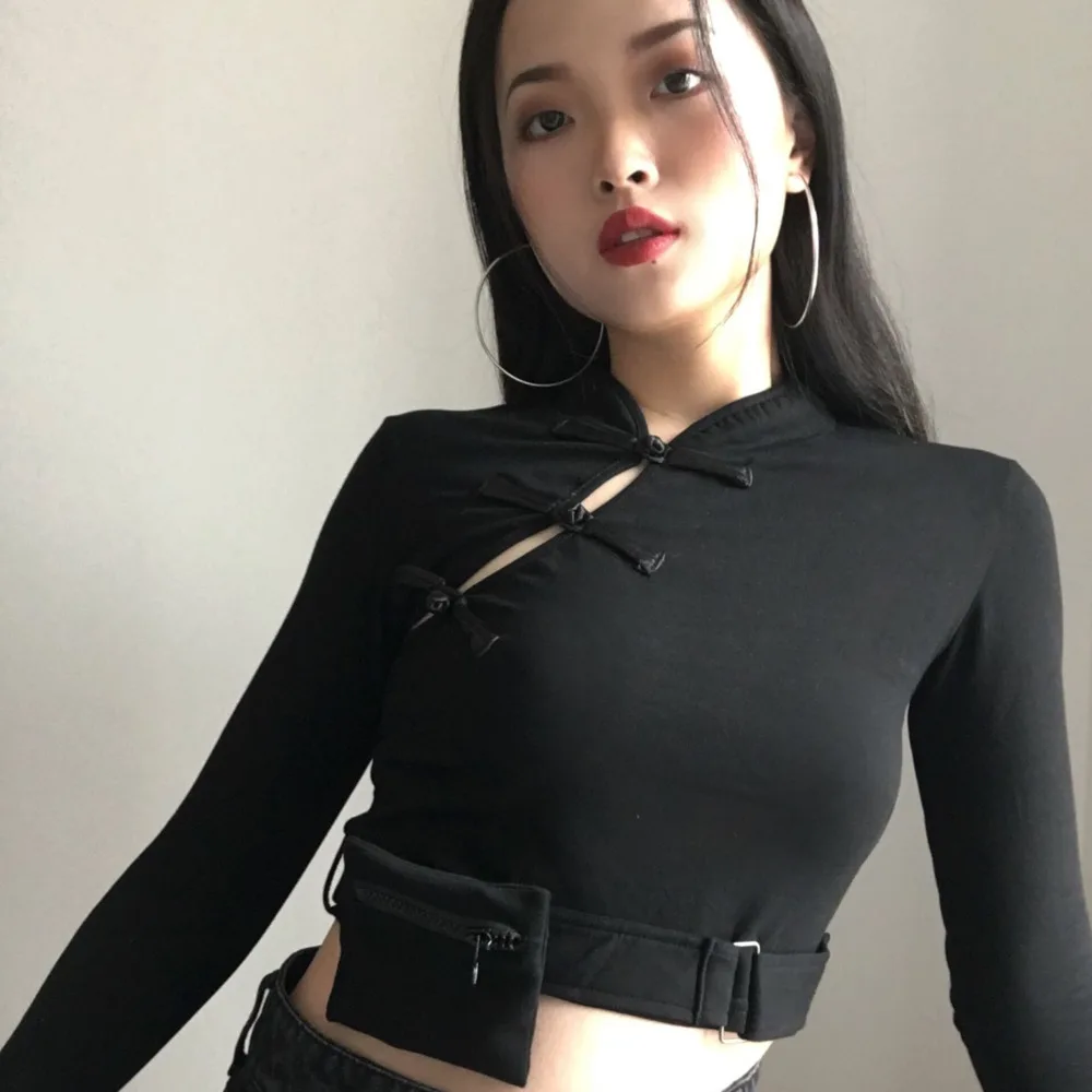 Винтажная короткая футболка в китайском стиле Тонкие футболки с длинными