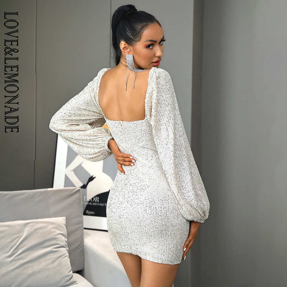 

LOVE&LEMONADE Sexy Tube Top Cut Out Lace Lantern Long Sleeve Silver Elastic Sequin Bodycon Mini Dress LM82993