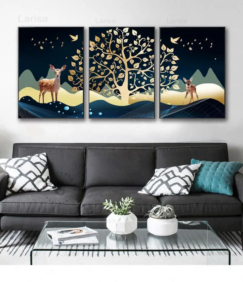 

Nordic Abstract Landscape Poster Gold Elk Deer Tree Wall Art Canvas Painting Print Pictures for Living Room Kids Room Decor