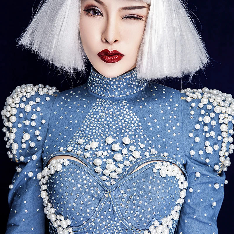 

Sparkly Rhinestones Pearls Blue Denim Bodysuit Crystal Hat Women Singer Dancer Nightclub Costume DJ Jazz Dance Show Stage Wear