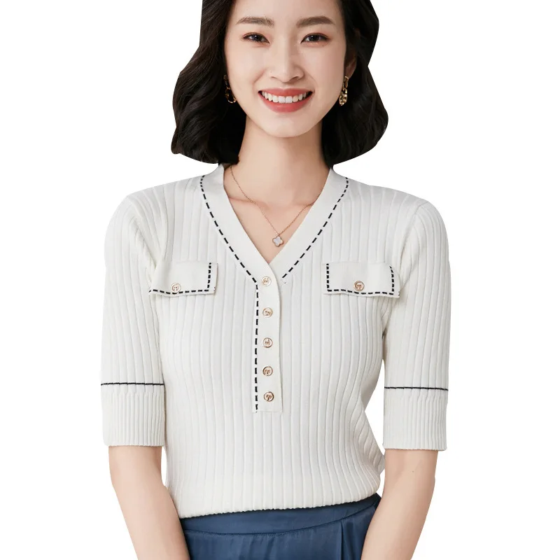 

Женская кофта с V-образным вырезом, трикотажный облегающий свитер в Корейском стиле, весна 2021