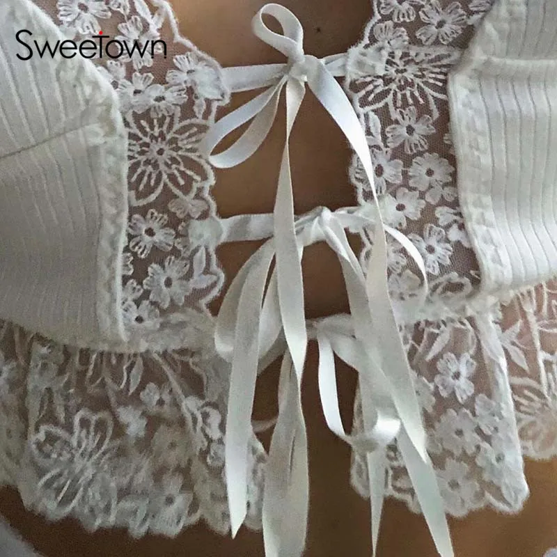Привлекательный милый укороченный топ Sweetown с кружевными краями для женщин Y2K