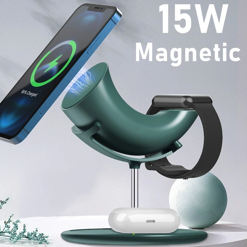 

3 in 1 Magnetic Wireless Charger 15W Fast Charging Mobile Phone Desktop Stand For Apple Airpods Watch For iPhone 12Pro Max 12Pro