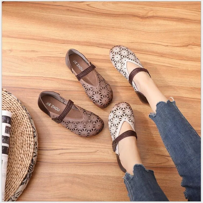 2021 New Genuine Leather Summer Shoes Woman Flats Hollow Hole Breathable Hook&Loop Casual Flat Shoes Comfortable Women Shoes