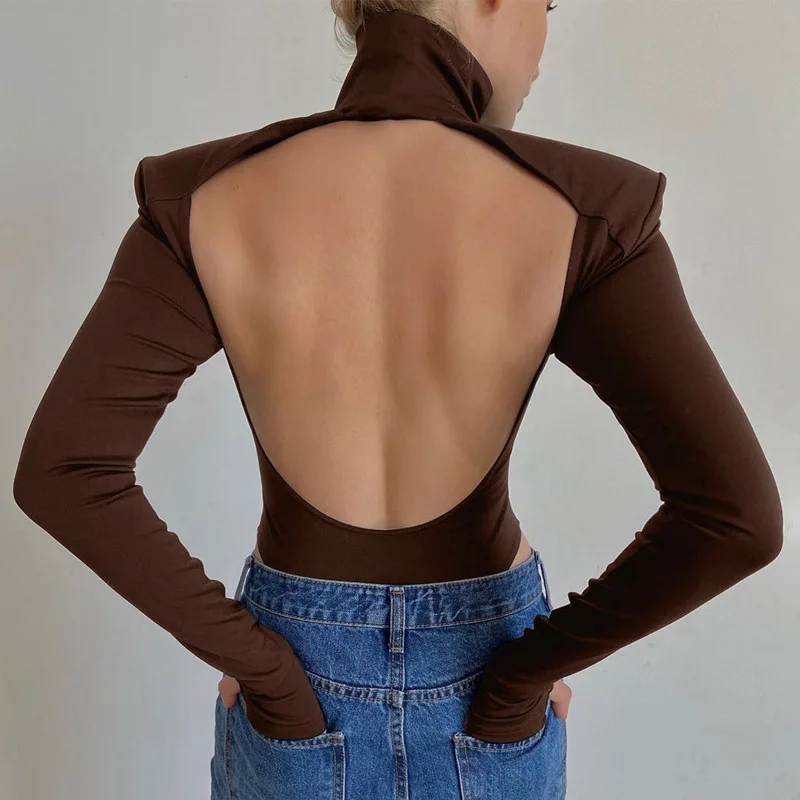 2020 Fashion Women Backless Bodysuit Long Sleeve Shoulder Pad Turtleneck Bodycon Sexy Party Elegant Autumn Winter Romper Body