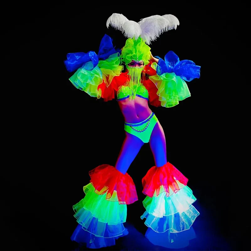 

Fluorescent Color Bikini Suit Lace Gauze Sleeve Feather Headdress Nightclub Female Singer GoGo Dancer Festival Clothing DWY6056
