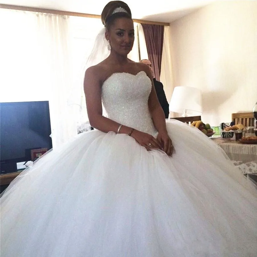 

vestidos de noiva Crystal Beaded Wedding Dresses New Luxury Designer Sweetheart Tulle Puffy Ball Gown Lace up Bridal Gowns