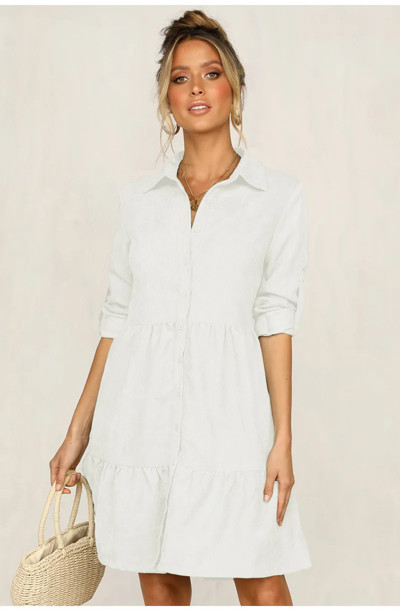 

New 2020 Women Autumn Winter Lapel Beach Shirt Dress Party Solid Casual Vestidos Robe A Line Ladies Button OL Style Knee Dresses