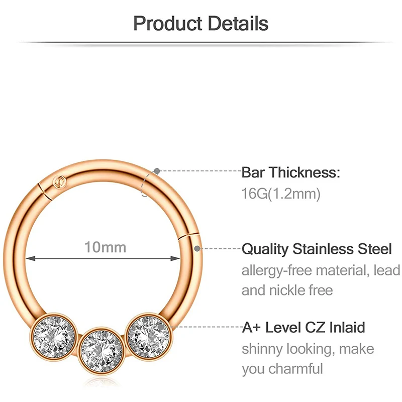 16 г нержавеющая сталь перегородка Кликер кольцо для носа хрящ трагуса септума