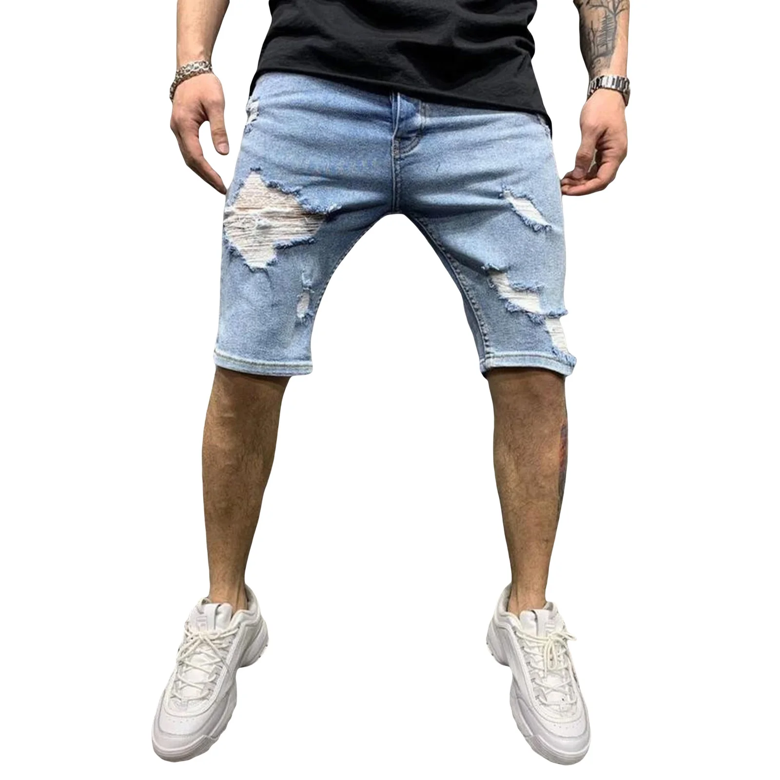 

2021 New Men Stretch Short Jeans Fashion Casual Slim Fit High Quality Elastic Denim Shorts Male Hole Out Short Jeans